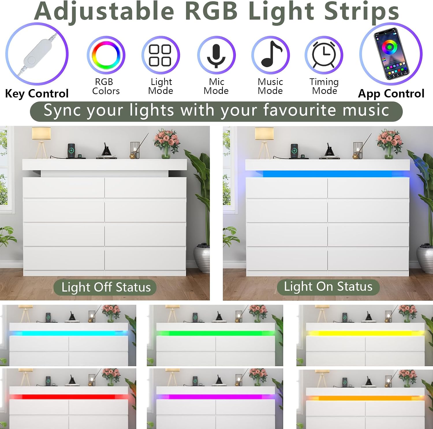 Gyfimoie 8 Drawer Dresser with Power Outlet, Dresser with LED Light, Modern Chest of Drawers for Closet, Double Wide Drawer Organizer Cabinet for Bedroom, Living Room (White, 8 Drawers)