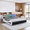 Keyluv Upholstered Queen LED Bed Frame with Headboard, Modern Low Profile Platform Bed with Strong Slats Support, Faux Leather Wave-Like Bed Frame, Easy Assembly, No Box Spring Needed, Blackwhite