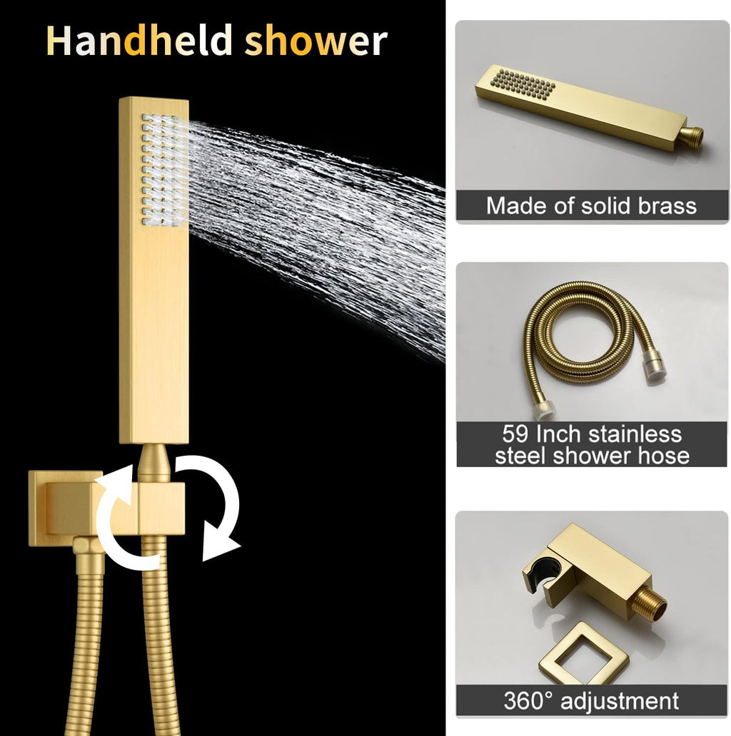 AYIVG Brushed Gold 16 x 26 Inch Full Body Thermostatic Rainfall Shower System 64 Color LED Rainfall Luxury Shower Head System with 6 Spray Jets Ceiling Mount Rain Temperature Display Shower Faucet Set