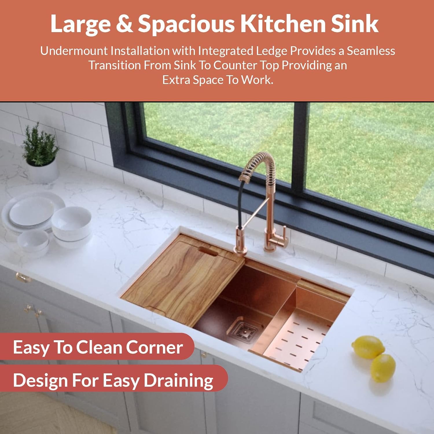 Strictly Sinks Undermount Workstation Copper Kitchen Sink –32 Inch 16 Gauge Single Bowl Kitchen Sink with Bottom Grid, Wooden Cutting Board, Colander, 1 Garbage Disposal Adapter, & 1 Strainer Drain