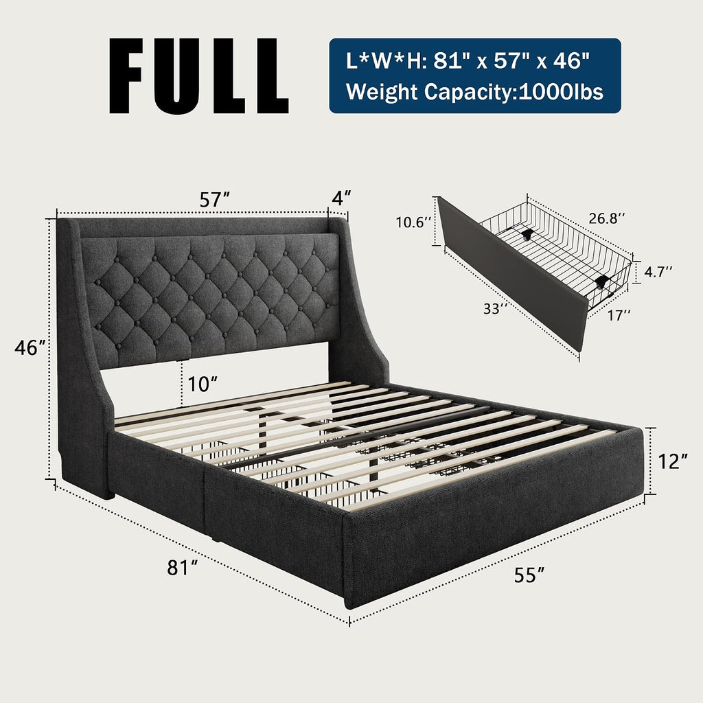 GalnFu Full Size Bed Frame with 4 Storage Drawers, Giant Upholstered Wingback Headboard, Fast Charging Station, No Box Spring Needed, Noise-Free, Dark Grey