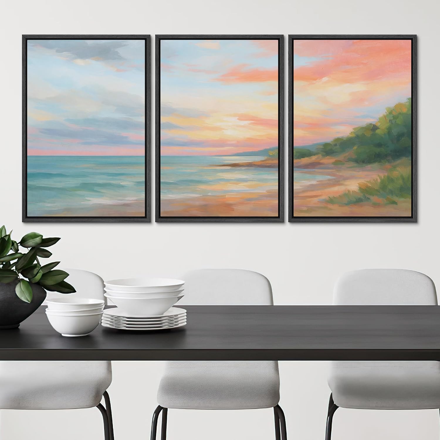 SIGNLEADER Framed Canvas Print Wall Art Set Coastal Sunset Seascape Pastel Landscape Illustrations Minimal Decorative Bohemian for Living Room, Bedroom, Office - 24'x36'x3 Black