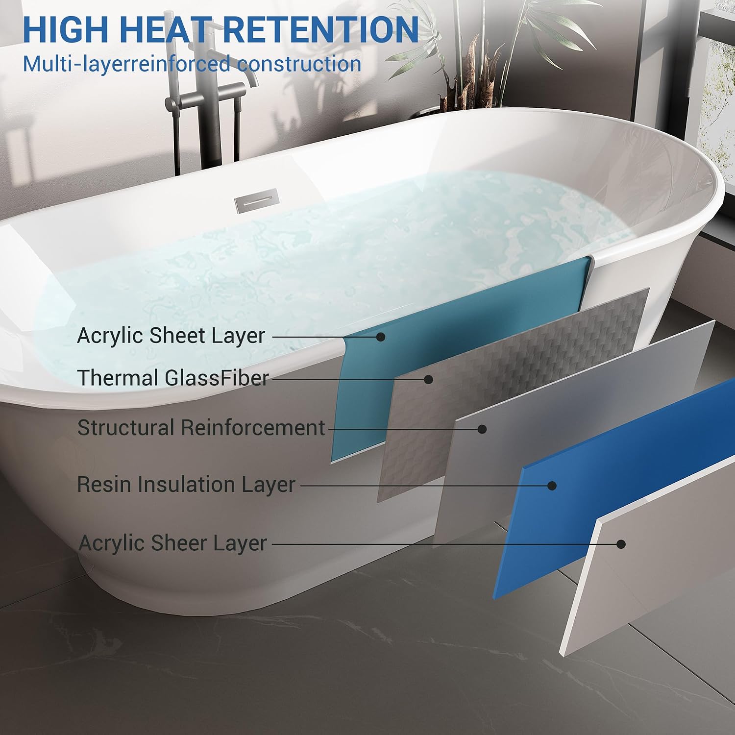 67' Freestanding Acrylic Soaking Bathtub, CUPC Certified Modern Bathtub with Matte Black Drain & Overflow, Glossy White Ergonomic Design for Bathroom
