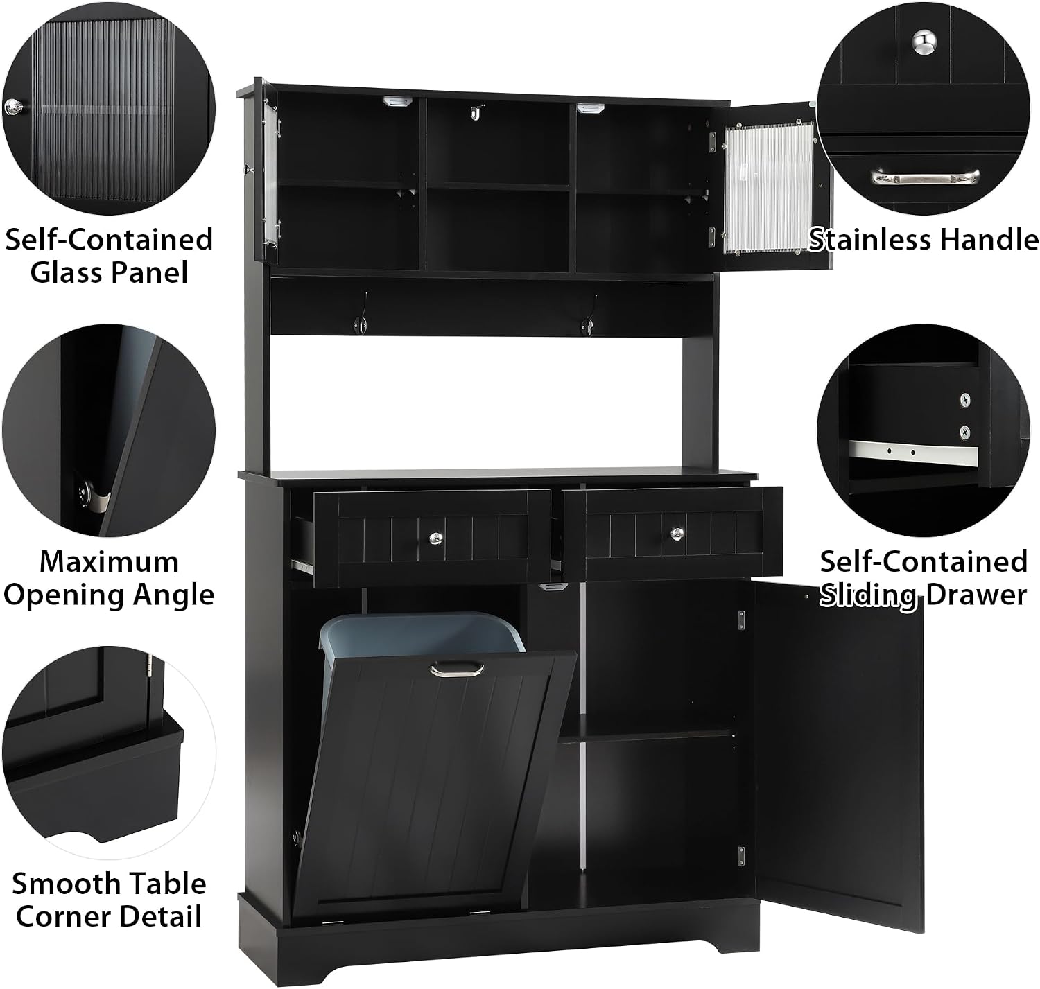 Tilt Out Trash Cabinet,Storage Cabinet,Two Solid Wood Hideaway Trash Holder Drawers,Wooden Freestanding Recycling Cabinets,Trash Can for Kitchen,Black