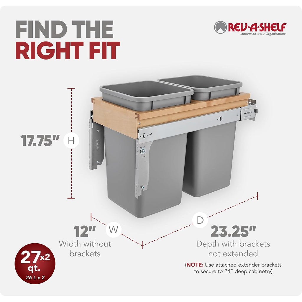 Rev-A-Shelf 27 Qt Top Mount Double Pullout Under Cabinet Kitchen Trash Cans w/Soft-Close for Base Cabinets, 150 Pound Rated Full-Extension Slides, Min Opening Width of 12', Silver, 4WCTM-15BBSCDM2