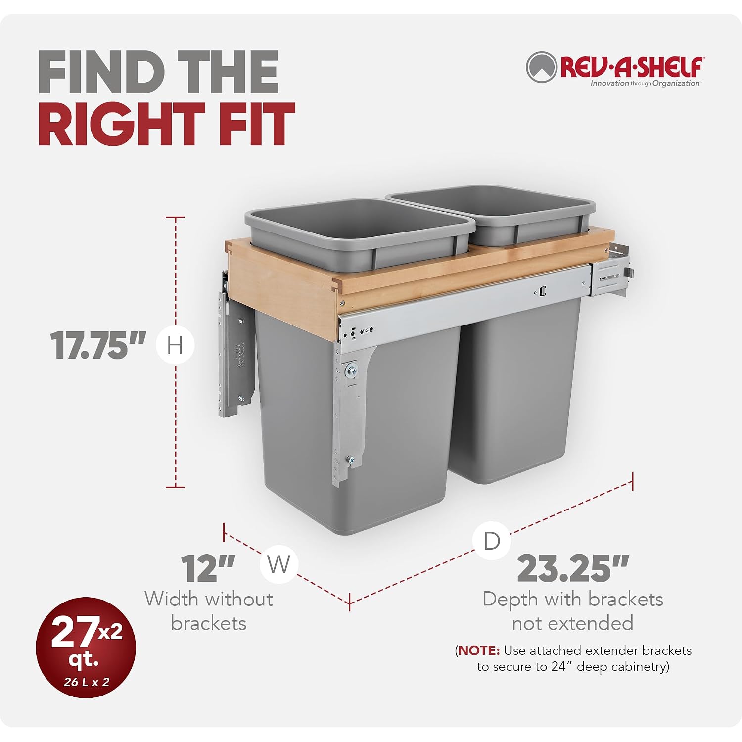 Rev-A-Shelf 27 Qt Top Mount Double Pullout Under Cabinet Kitchen Trash Cans w/Soft-Close for Base Cabinets, 150 Pound Rated Full-Extension Slides, Min Opening Width of 12', Silver, 4WCTM-15BBSCDM2