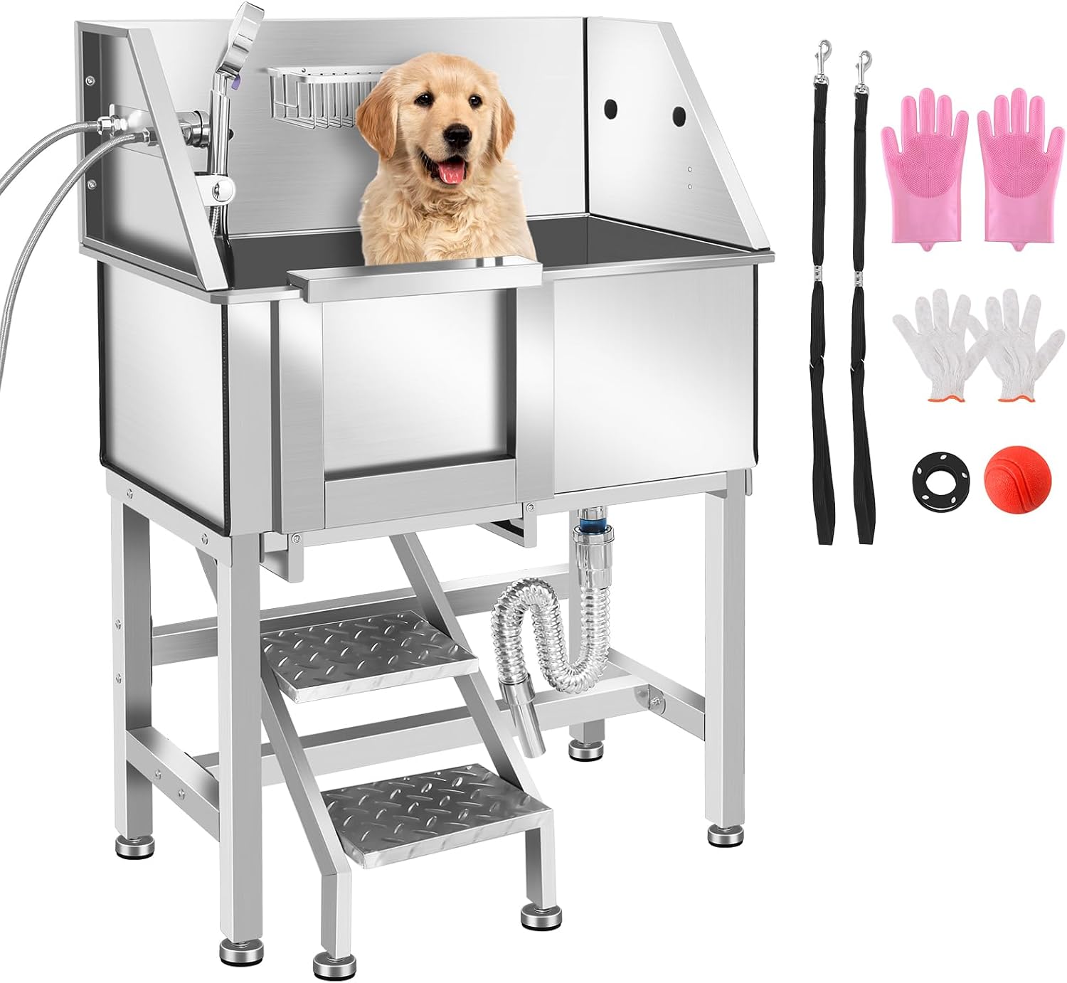 Dog Grooming Tub, L Pet Wash Station, Professional Stainless Steel Pet Grooming Tub With Ramp, Faucet, Sprayer, And Drain Kit