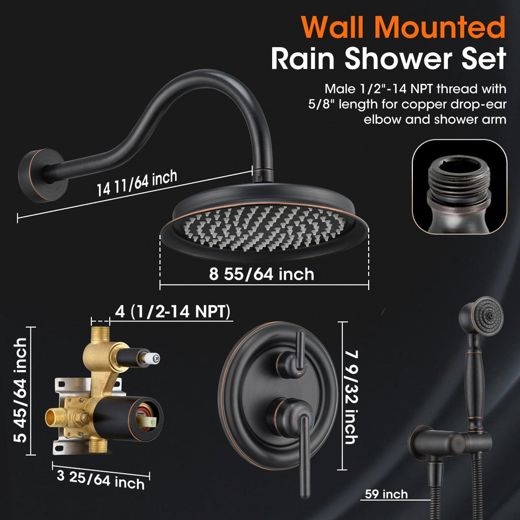 Rainfall Shower System 9 inch Antique Bathroom Luxury Rain Mixer Shower Combo Set with Vintage Handheld Shower Wall Mounted Shower Faucet Set Rough-in Valve and Trim Included Oil Rubbed Bronze