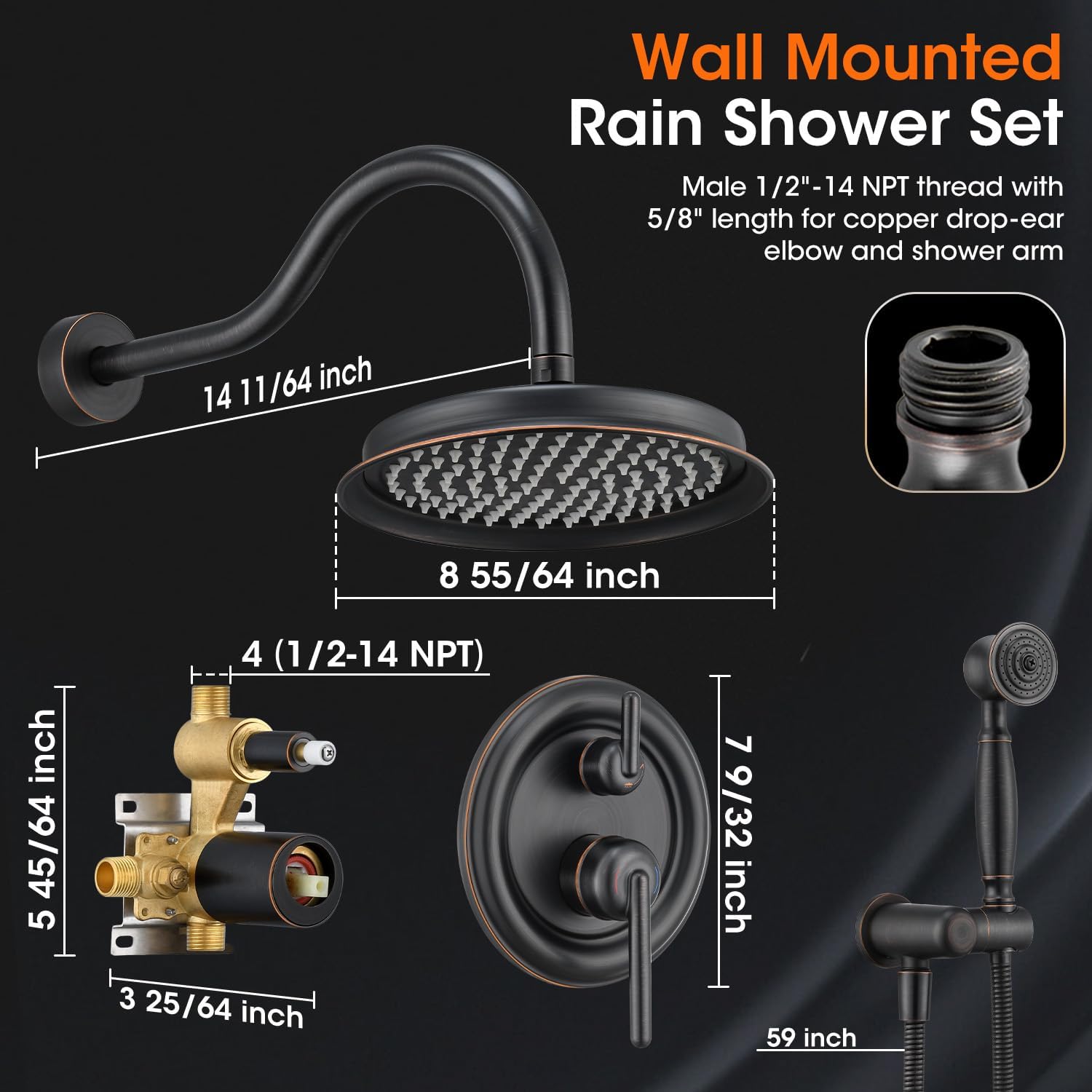 Rainfall Shower System 9 inch Antique Bathroom Luxury Rain Mixer Shower Combo Set with Vintage Handheld Shower Wall Mounted Shower Faucet Set Rough-in Valve and Trim Included Oil Rubbed Bronze