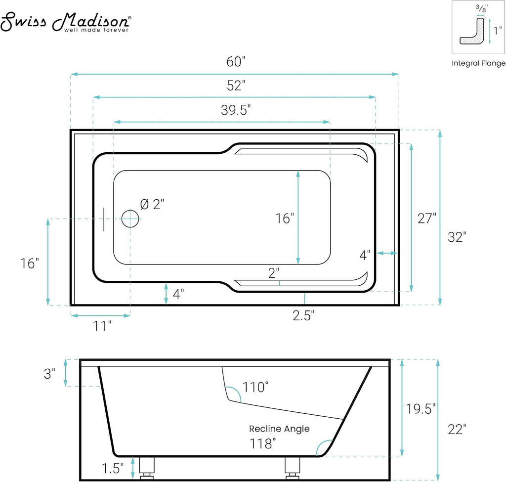 Swiss Madison Voltaire 60 x 32 Skirted Left Drain Soaking Apron Bathtub in Matte Black with Integrated Overflow and Armrest, Drain Included