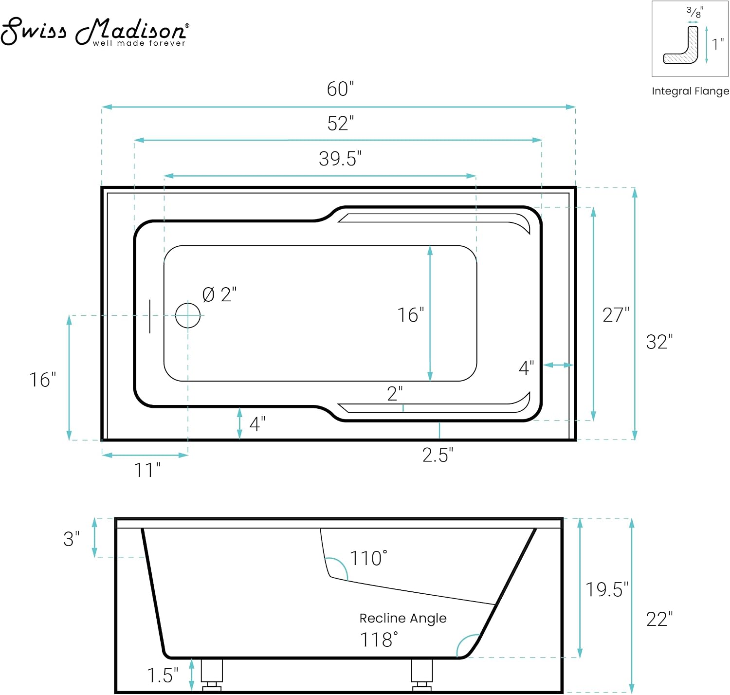 Swiss Madison Voltaire 60 x 32 Skirted Left Drain Soaking Apron Bathtub in Matte Black with Integrated Overflow and Armrest, Drain Included