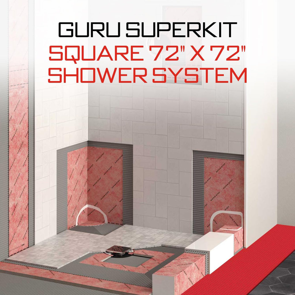 GURU USA SuperKit Square Complete Shower Kit with Heavy Duty Tray, Evo Lite Stainless Steel Drain, & Waterproof Membrane Roll, Bathroom Accessories, 72' x 72', Center Drain, PVC Connector