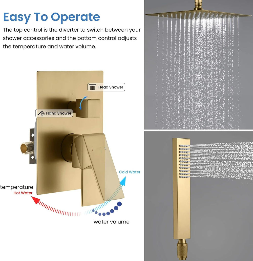 KIBI Cube Bathroom Shower System | 2-Function Wall Mounted Shower Faucet Set with Solid Brass Pressure Balanced Valve | Three Hand Shower Modes | 15-inch Long Shower Arm | Brushed Brass (KSF405)