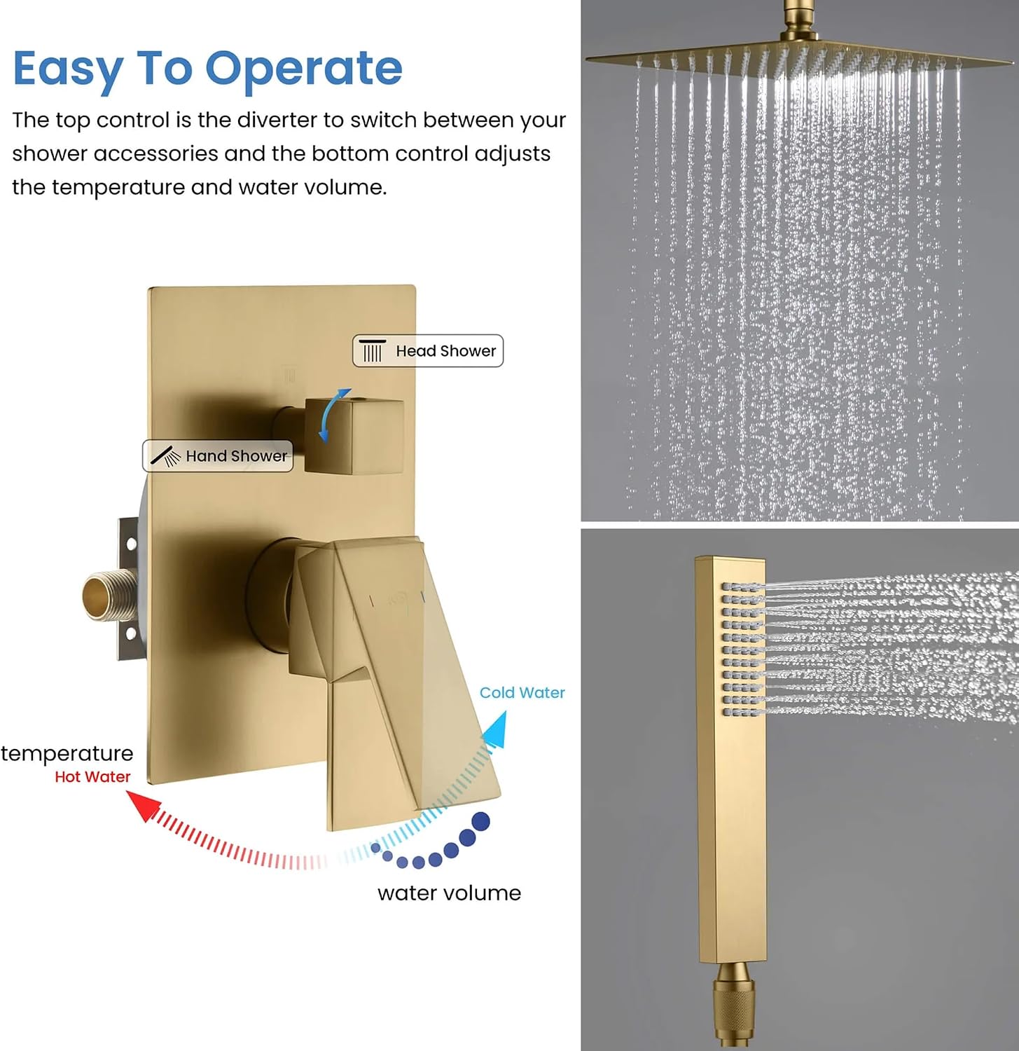 KIBI Cube Bathroom Shower System | 2-Function Wall Mounted Shower Faucet Set with Solid Brass Pressure Balanced Valve | Three Hand Shower Modes | 15-inch Long Shower Arm | Brushed Brass (KSF405)