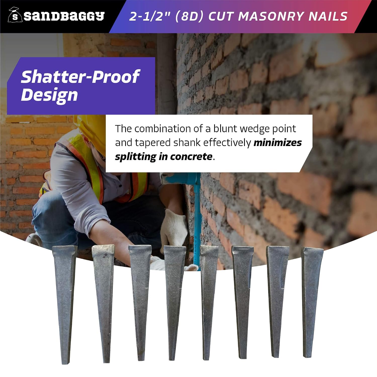 Sandbaggy 2-1/2 inch (8D) Square Cut Masonry Nails for Concrete, Brick, Mortar - 1/2' Wide Flat Heads - Construction, Cement, Brick Walls (2000)