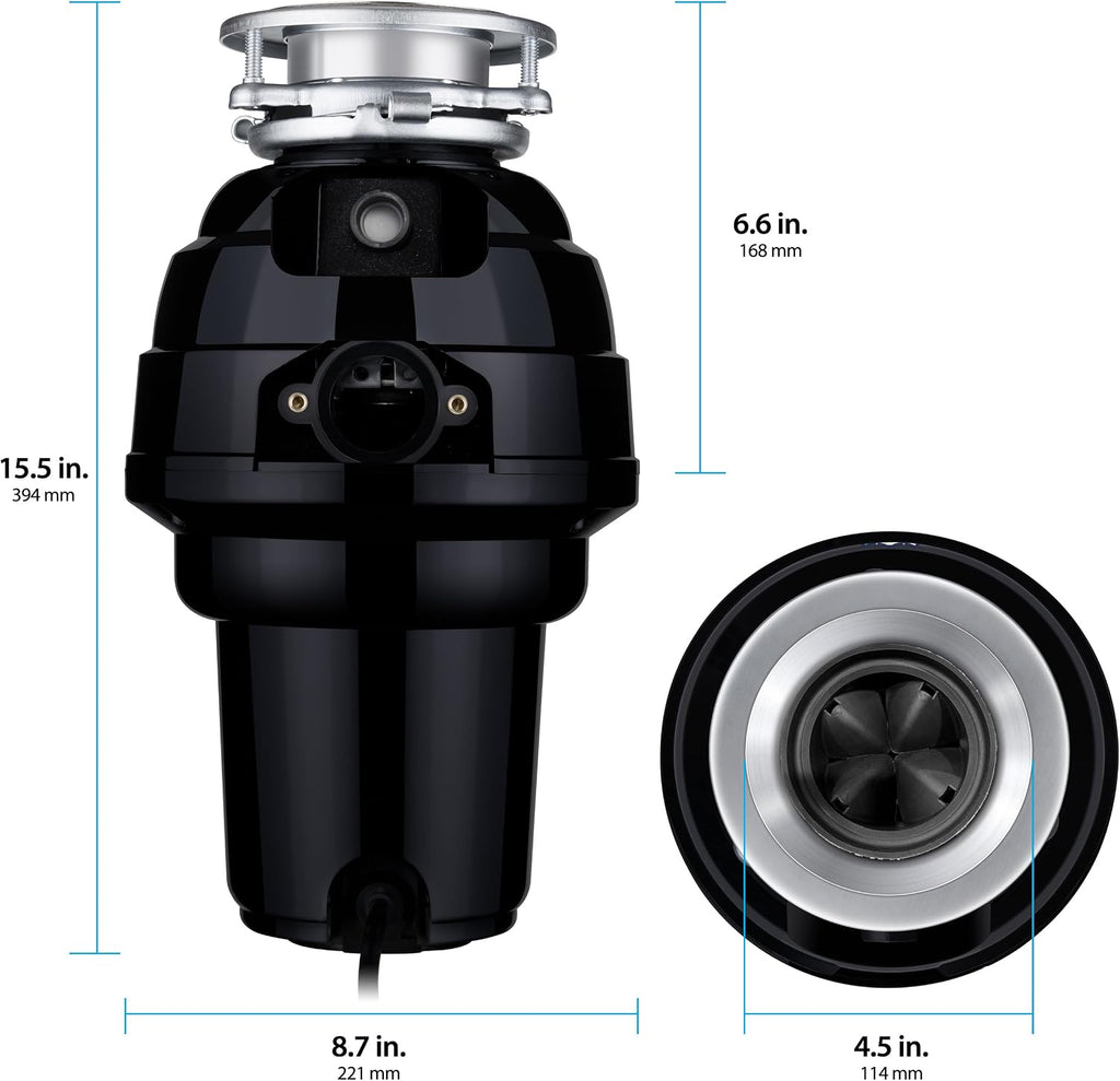 Waste Maid 10-US-WM-658-3B Garbage Disposal Anti-Jam Stainless Steel Food Waste Grinding System, 1-1/4 HP Premium, Black