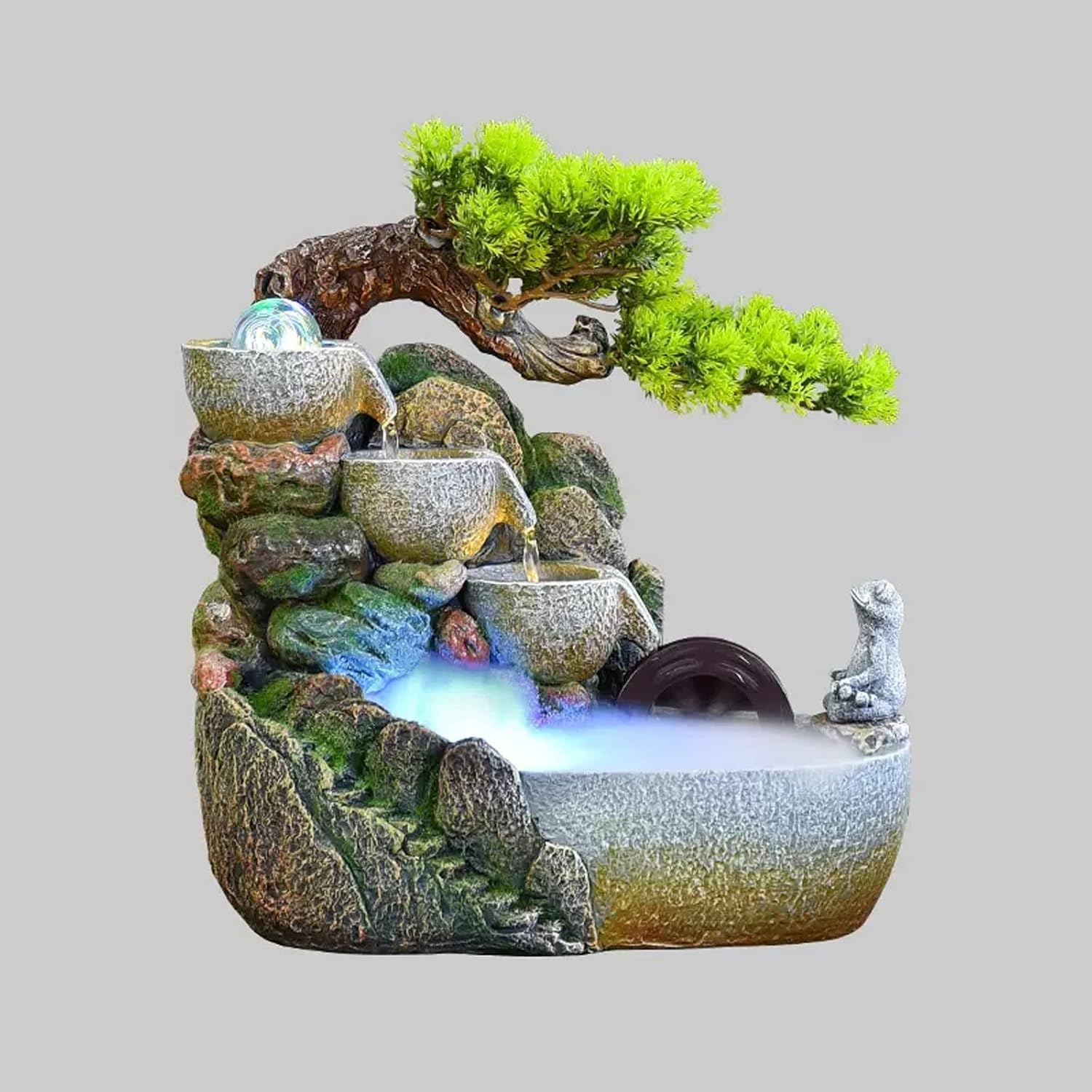HIHELO Desktop Fountain Indoor Tabletop Fountain Waterfall Zen Meditation Indoor Waterfall Function with Automatic Pump Artificial Tree and Lighting Waterfall Water Fountain Outdoor (Size : Medium)
