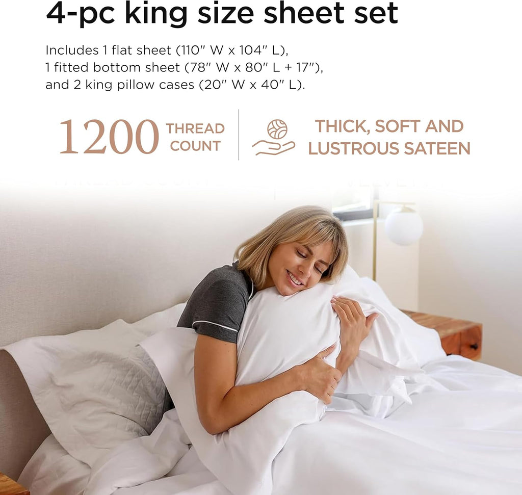 Threadmill 100% American Certified Supima Cotton Sheets King Size - 1200 Thread Count, 4Pc King Size Sheets Set, Smooth Sateen, Ultra Luxury Bed Sheets, 17' Deep Pocket King Sheet Set - White Sheets