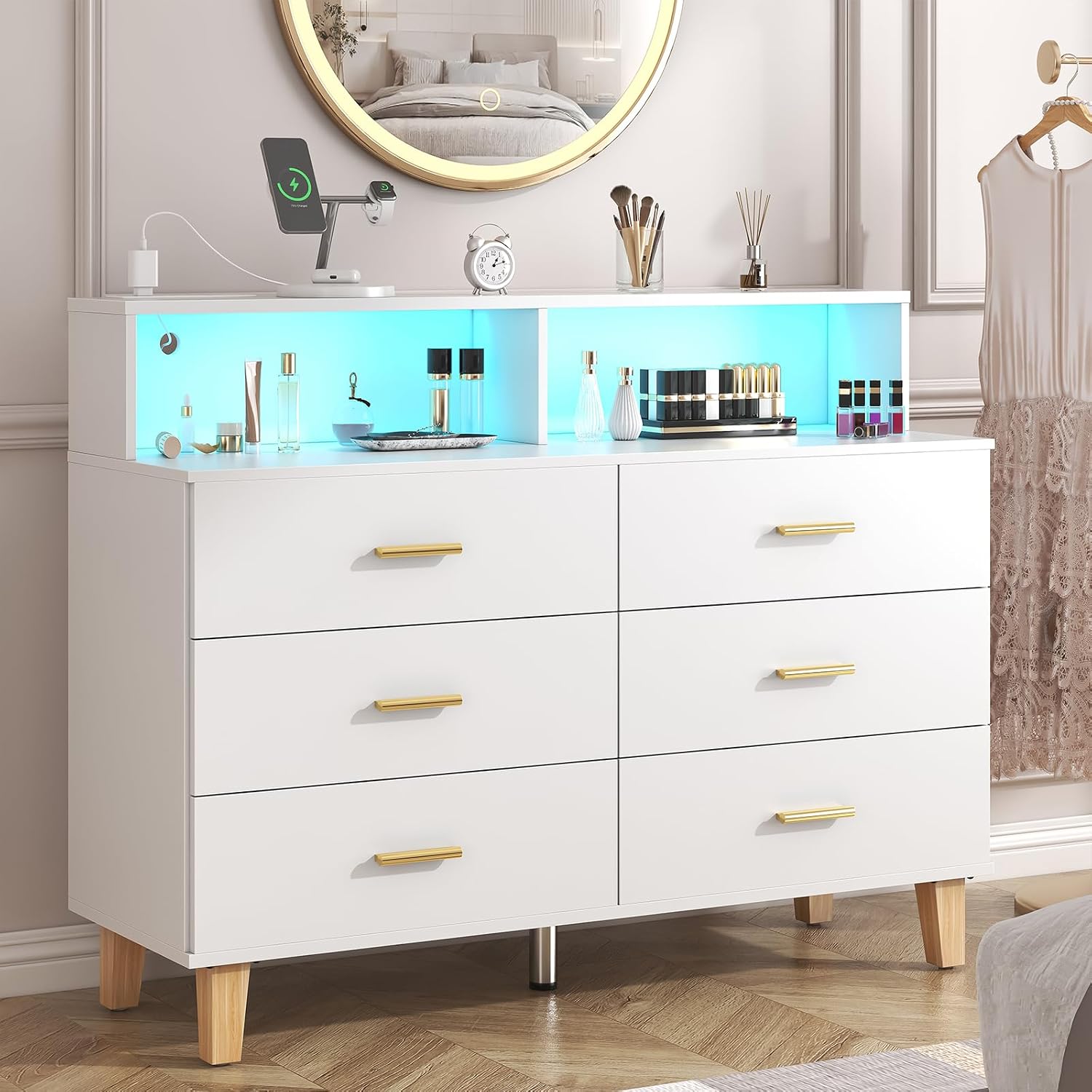 knoworld White 6 Drawer Dresser for Bedroom, Chest of Drawers with LED Light and Power Outlet, Tall Wide Dresser for Organizer Cabinet Bedroom,Living Room,Hallway, Entryway