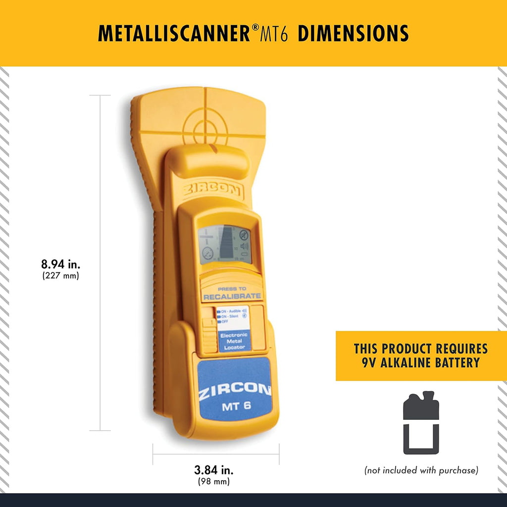 Zircon MetalliScanner MT6 Professional Metal Detector – Deep-Scanning Handheld Metal Locator for Ferrous and Non-Ferrous Metals – Detects Pipes, Rebar, and Studs in Walls, Floors, and Concrete, Yellow