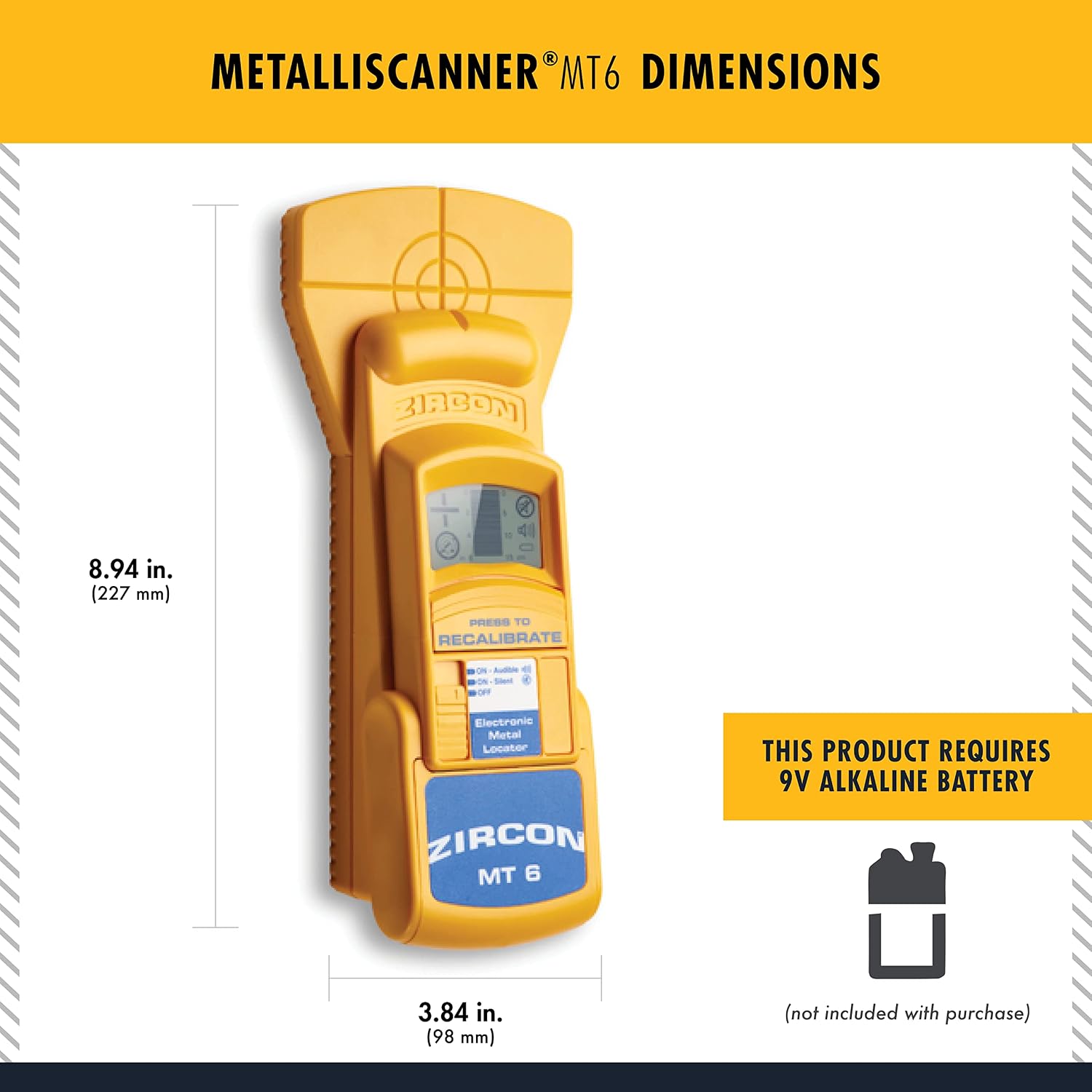 Zircon MetalliScanner MT6 Professional Metal Detector – Deep-Scanning Handheld Metal Locator for Ferrous and Non-Ferrous Metals – Detects Pipes, Rebar, and Studs in Walls, Floors, and Concrete, Yellow