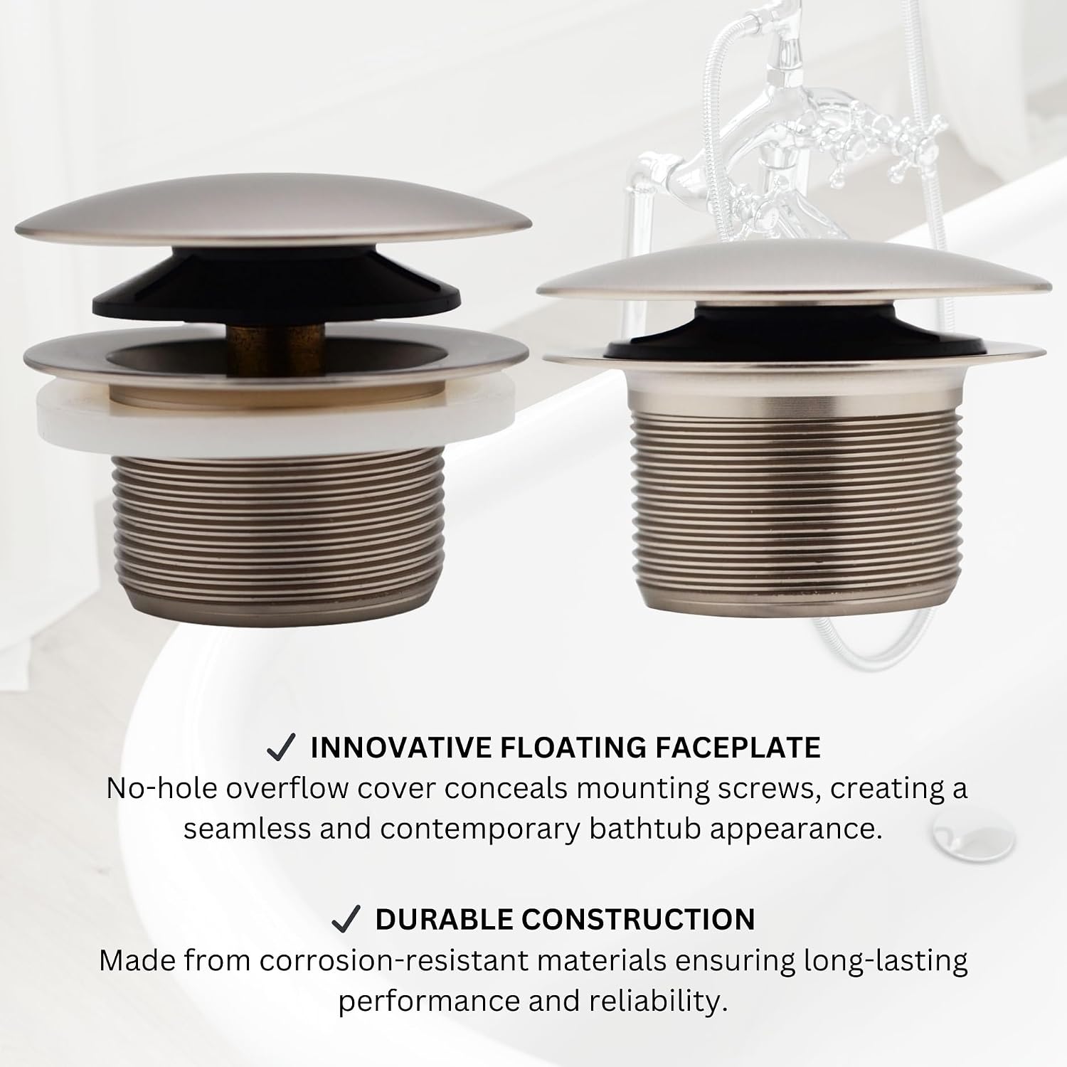 Westbrass D398RK-50-20 1-1/2' NPSM Coarse Thread Mushroom Tip-Toe Bathtub Drain Stopper with Illusionary Overflow Faceplate, Stainless Steel (50-Pack)