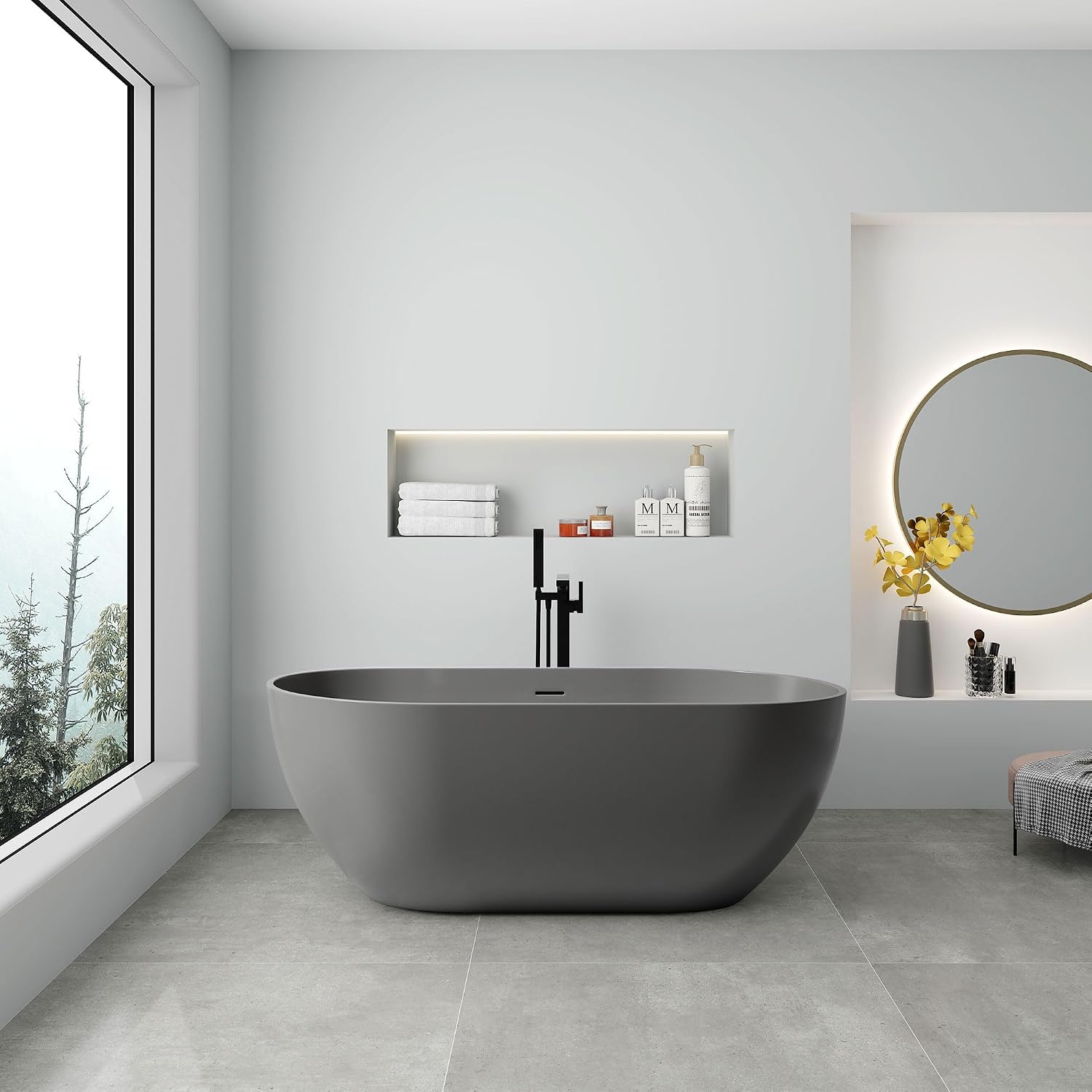 SJ STAR&JANE 59' Solid Surface Freestanding Bathtub Oval Stone Resin Soaking Tub Modern Stand Alone Tub with Overflow & Pop-up Drain for Bathrooms Dark Gray