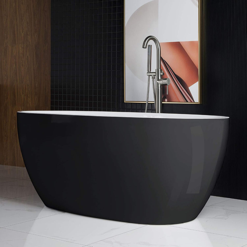 WOODBRIDGE 59' Acrylic Freestanding Bathtub Contemporary Soaking Tub, Black Acrylic (Matte Black Drain/Overflow), B1818 Black -MB-Drain &O