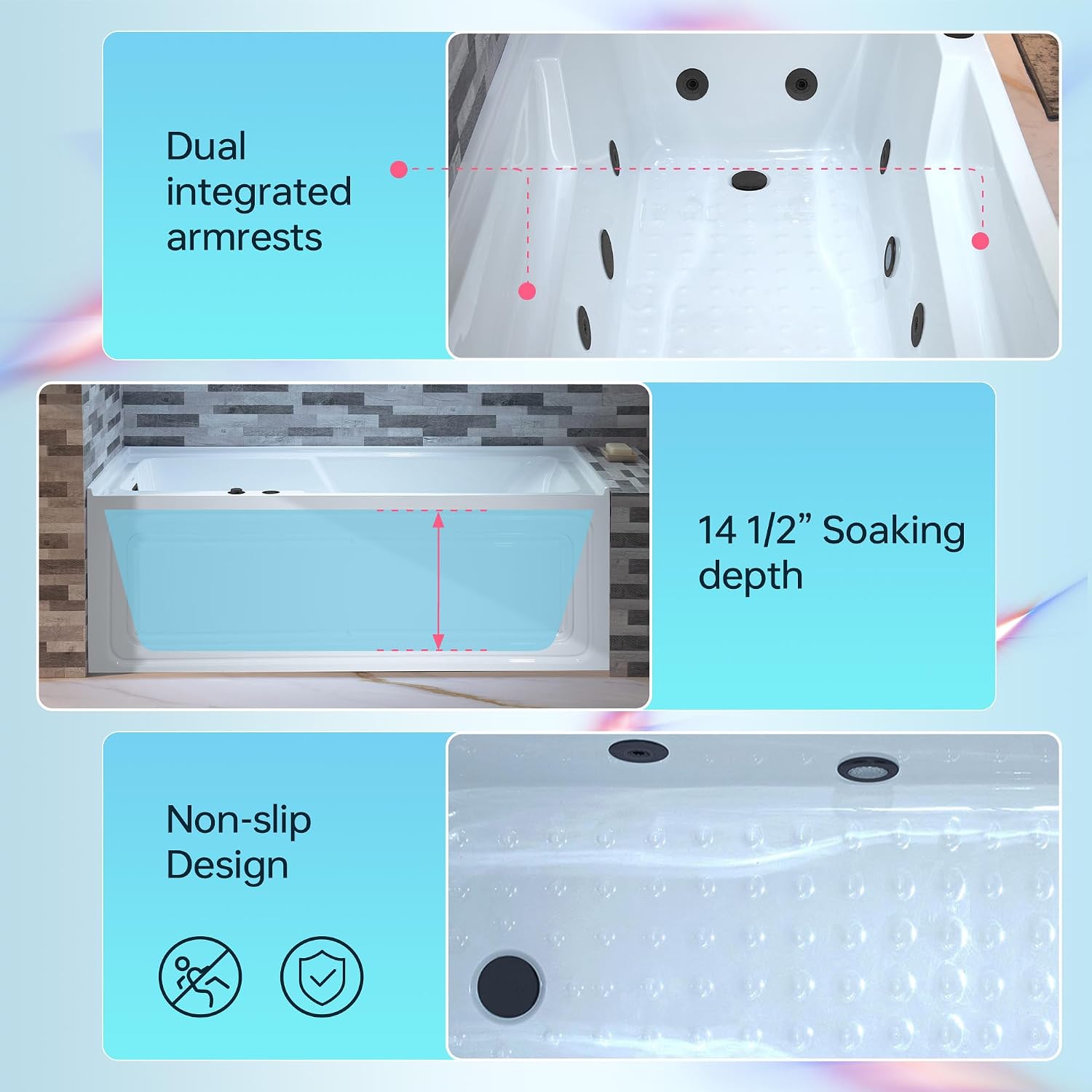 WOODBRIDGE 60' Alcove Acrylic Rectangular Whirlpool Heated Jetted Tub in White with Left Drain, Matte Black pop-up Drain Included BM6030L