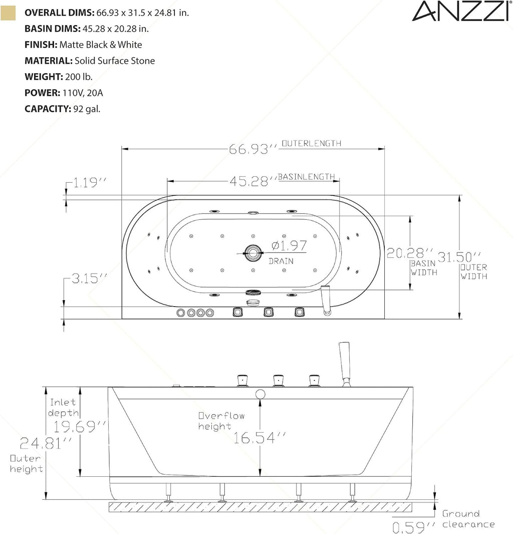 ANZZI 67 in. x 32 in. Flat Bottom Stone Resin Freestanding 92 Gallon Combination Bathtub with Center Drain in Black and White