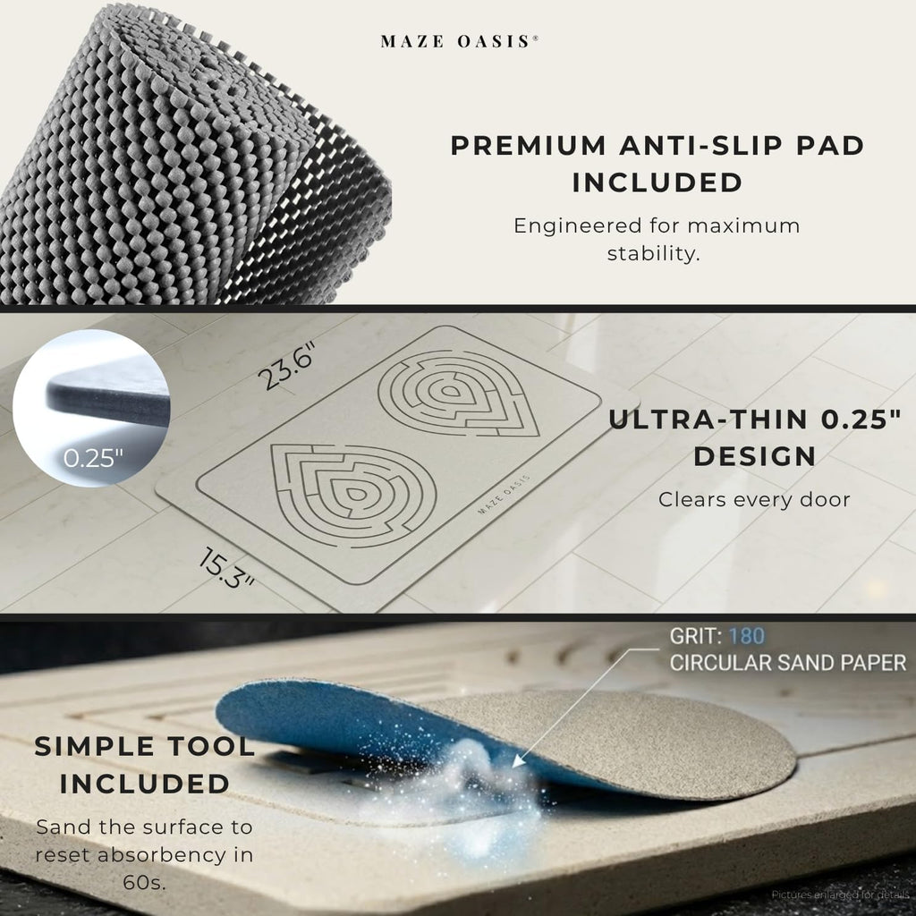 5X Faster Drying - Premium Bathroom Mat Set (2 Pack) [The Dry Home System] – Stone Bath Mats for Bathroom & Dish Drying Mat Stone – Non Slip Diatomaceous Earth – Zen Sterling