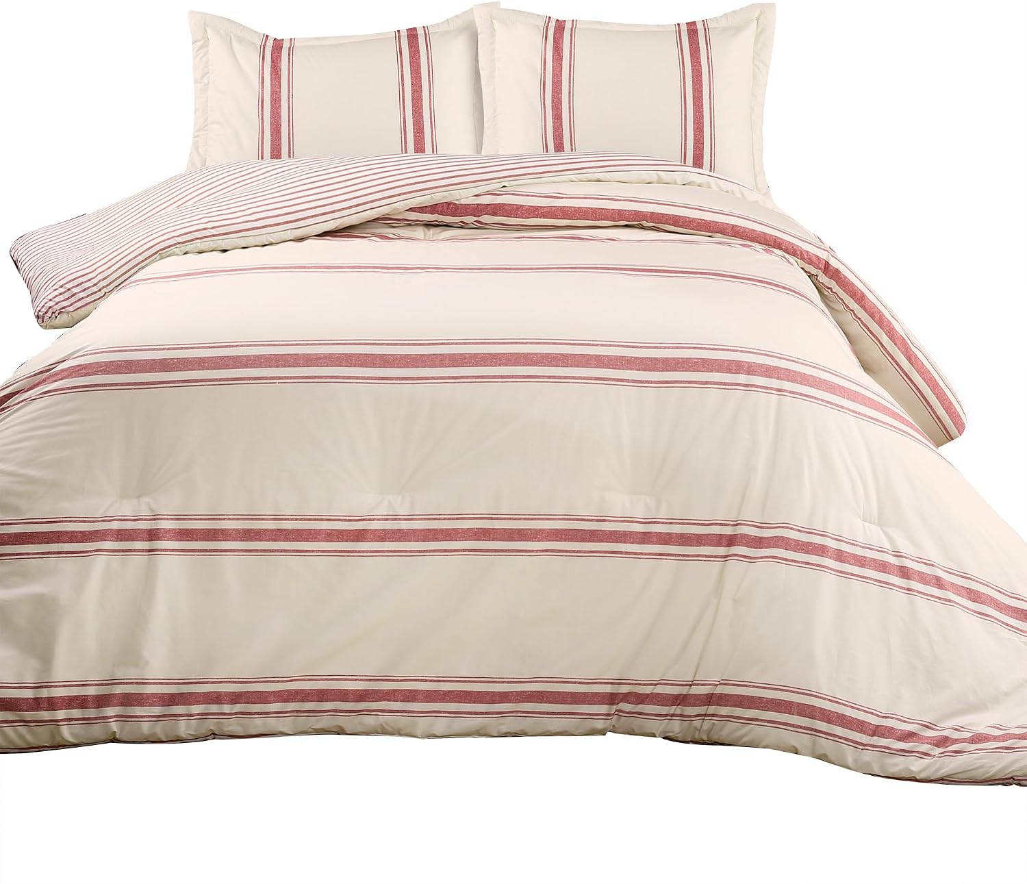 Lush Decor Farmhouse Stripe Reversible Cotton Comforter Set, 3 Piece Set, Full/ Queen, Red - Cozy Farmhouse Bedding Set - Rustic Decor - Striped Comforter - Modern Farmhouse Bedroom Decor