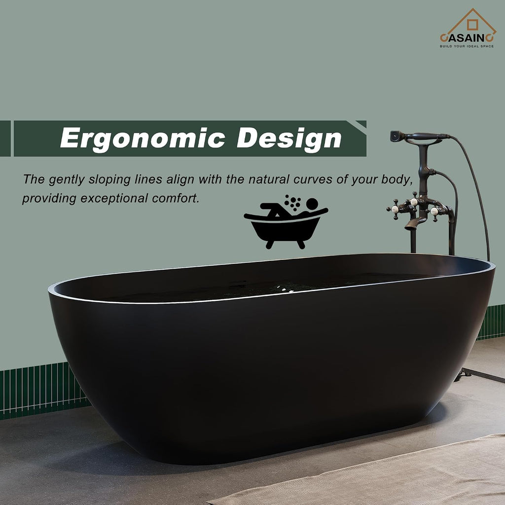 CASAINC 59' Free Standing Tub, Oval-Shaped Stone Resin Freestanding Bathtub Matte Black Solid Surface Soaking Tub with Drain, Drain Hose & Sanding Paper