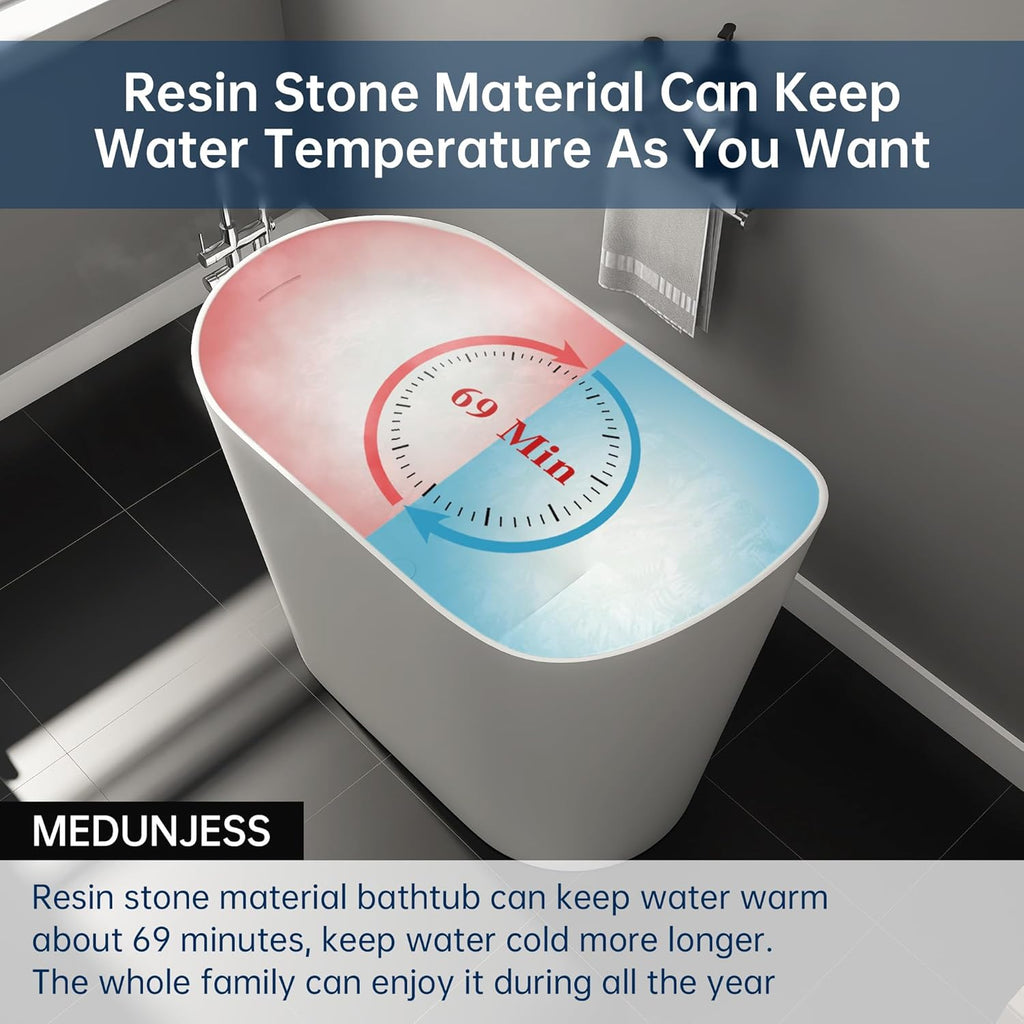 43' Stone Resin Janpanese Soaking Tub, Freestanding Deep Soaking Bathtub with Seat Desgin,Toe-tap Chrome Right Drain, Slotted Overflow, cUPC Certified, Matte White AMG026-1100