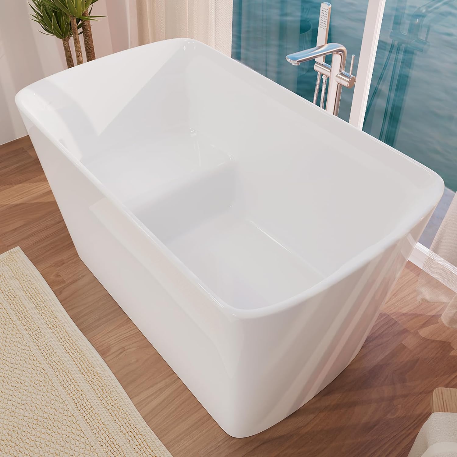 47' Lucite Acrylic Freestanding Bathtub，Square Shape Japanese Soaking Tub with Seat Desgin,Toe-tap Chrome Right Drain, Slotted Overflow, cUPC Certified,Glossy White