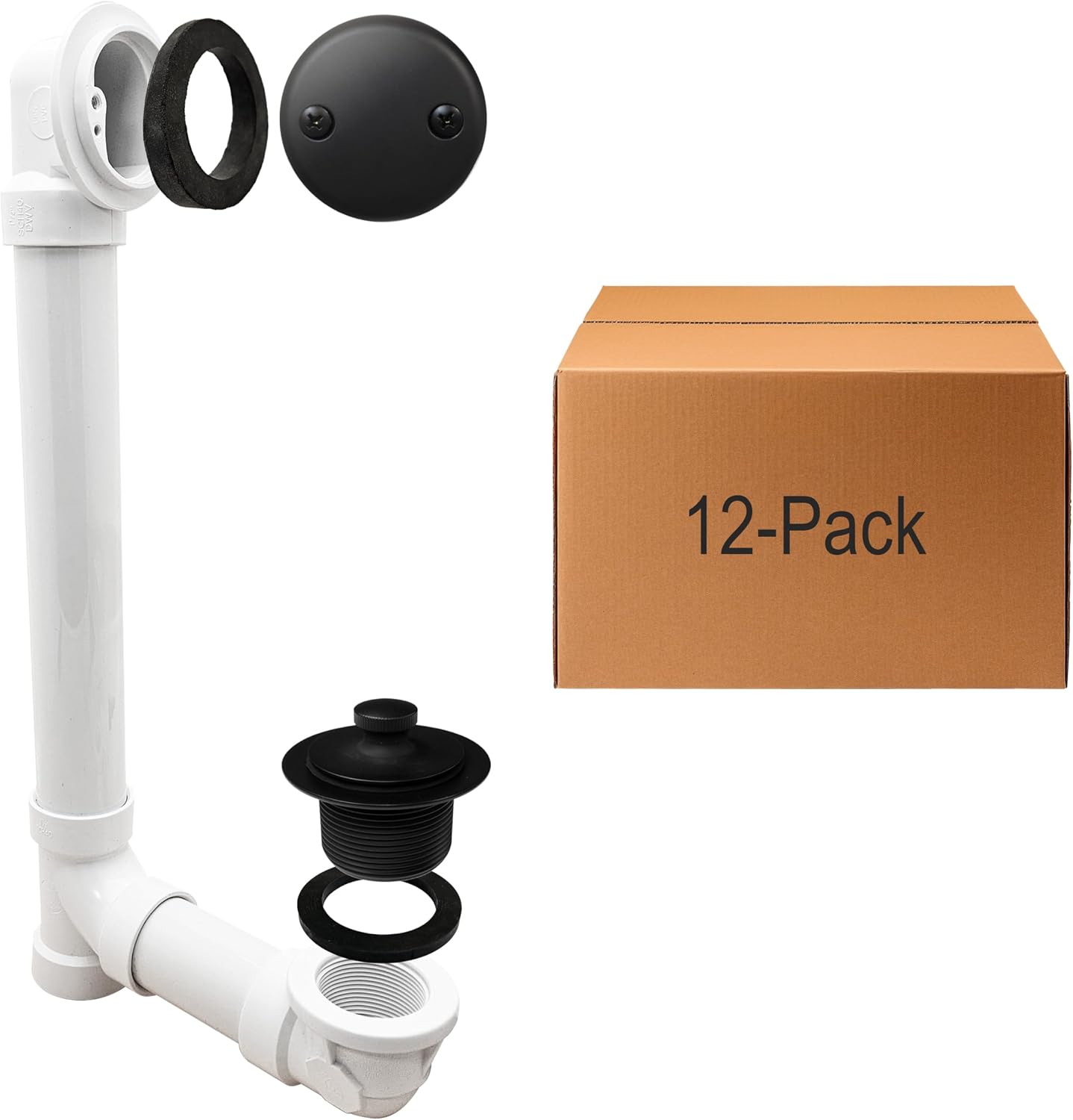 Westbrass D4972-12-62 1-1/2' Bath Waste & Overflow Assembly with Pull Drain Stopper and Two-Hole Faceplate Top Elbow - SCH. 40 PVC, Matte Black (12-Pack)