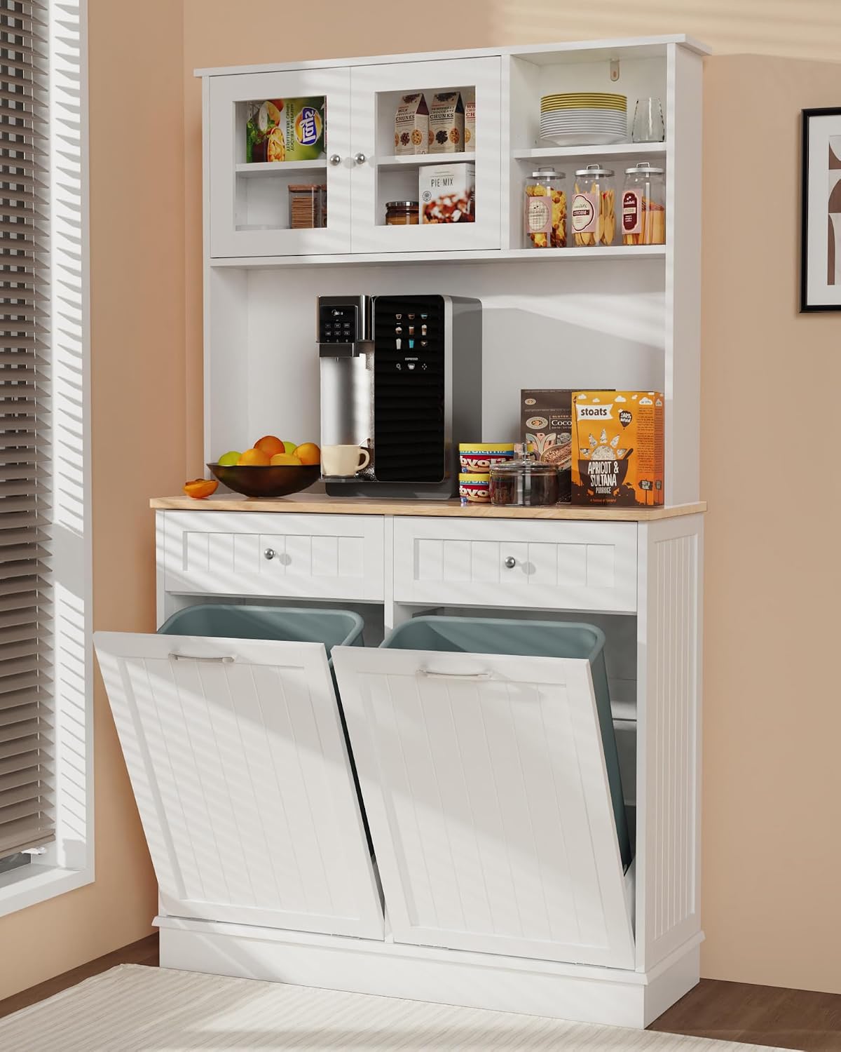 Double Tilt Out Trash Cabinet Storage Cabinet 20 Gallon with Two Solid Wood Hideaway Trash Holder Drawers, Dual Wooden Free Standing Recycling Cabinets Trash Can Bin Kitchen (White)