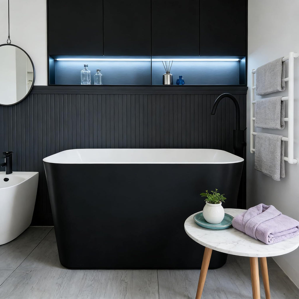 49 Inch Acrylic Freestanding Bathtub, Japanese Square Soaking Tub with Built-in Seat, Toe-Tap Drain, Slotted Overflow, cUPC Certified Black Standalone Tub for Modern Bathroom Upgrade