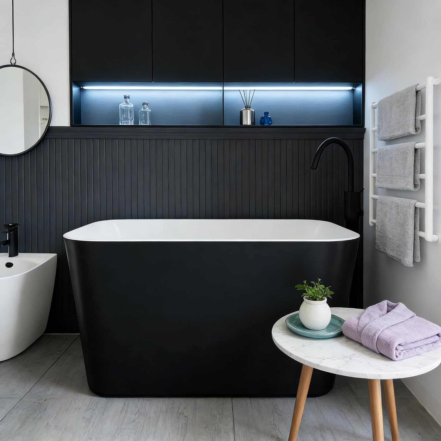 49 Inch Acrylic Freestanding Bathtub, Japanese Square Soaking Tub with Built-in Seat, Toe-Tap Drain, Slotted Overflow, cUPC Certified Black Standalone Tub for Modern Bathroom Upgrade