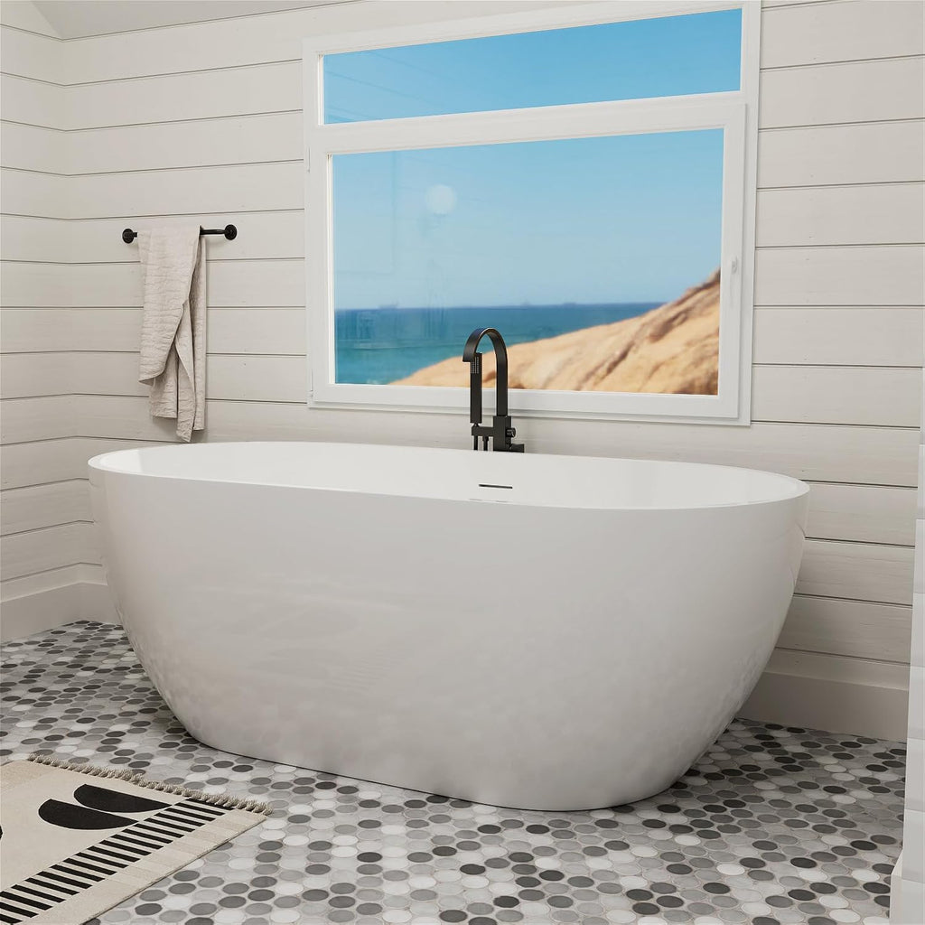 70' Acrylic Freestanding Bathtub, Double Ended Free Standing Tub, Soaking Tub with Integrated Slotted Overflow, Toe-Tap Chrome Drain, cUPC Certified, Glossy White