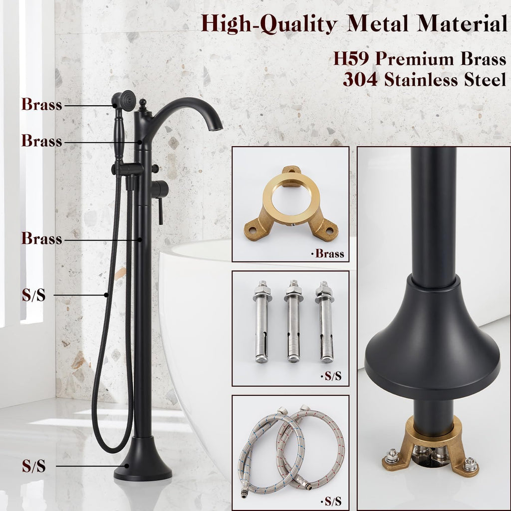 Freestanding Bathtub Faucet, Matte Black Classic Free Standing Tub Faucet with Vintage Handheld Sprayer High Flow Max 7.04GPM Floor Mounted Tub Filler (WT-9002BK)
