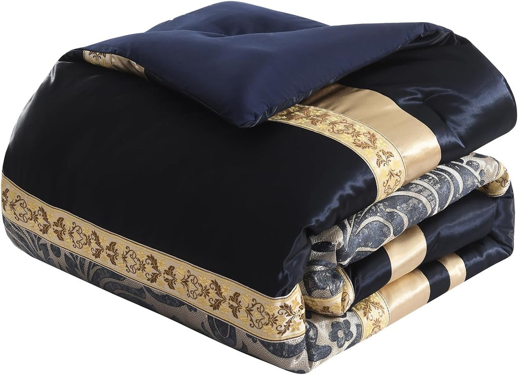 Finlonte King Size Comforter Set, Navy Blue Gold, 7 Piece Bed in a Bag for All Seasons, Luxury Vintage Floral Jacquard Damask Paisley Patchwork, Bedding Sets with Bedskirt, Shams and Decor Pillows