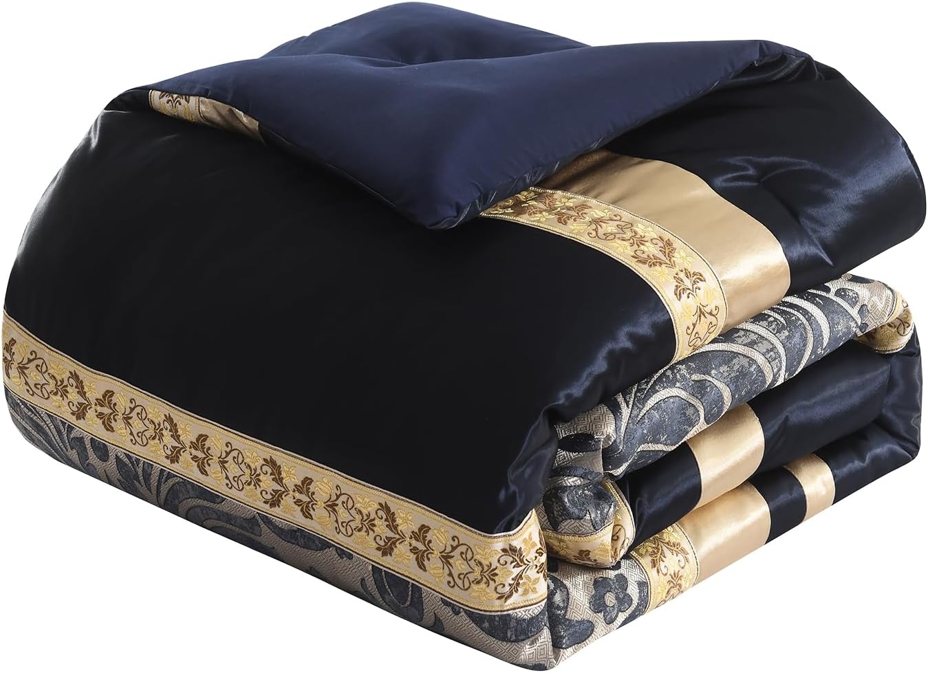 Finlonte King Size Comforter Set, Navy Blue Gold, 7 Piece Bed in a Bag for All Seasons, Luxury Vintage Floral Jacquard Damask Paisley Patchwork, Bedding Sets with Bedskirt, Shams and Decor Pillows