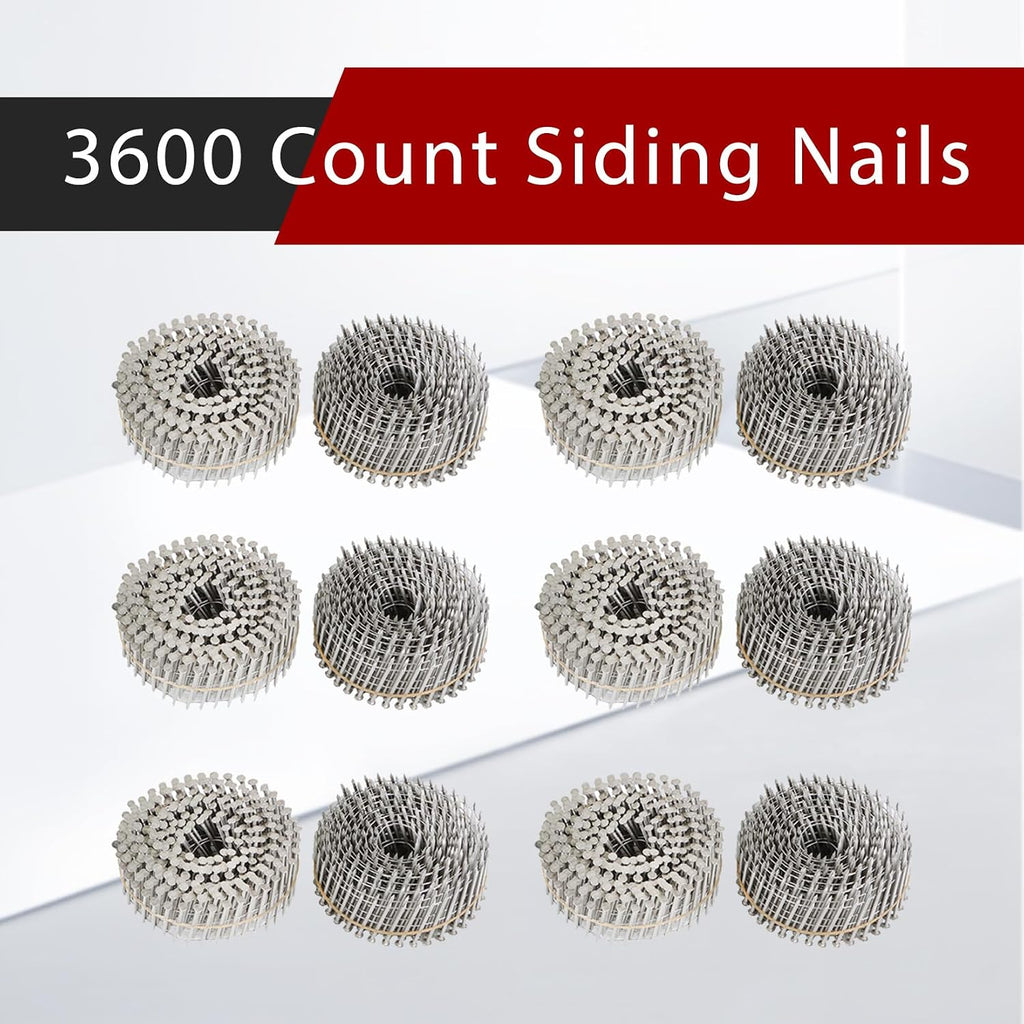 findmall 3600 Count 1-3/4-Inch x .090-Inch Ring Shank 304 Stainless Steel Siding Nails 15-Degree Collated Wire Coil Nails for Wood Siding or Fencing Applications