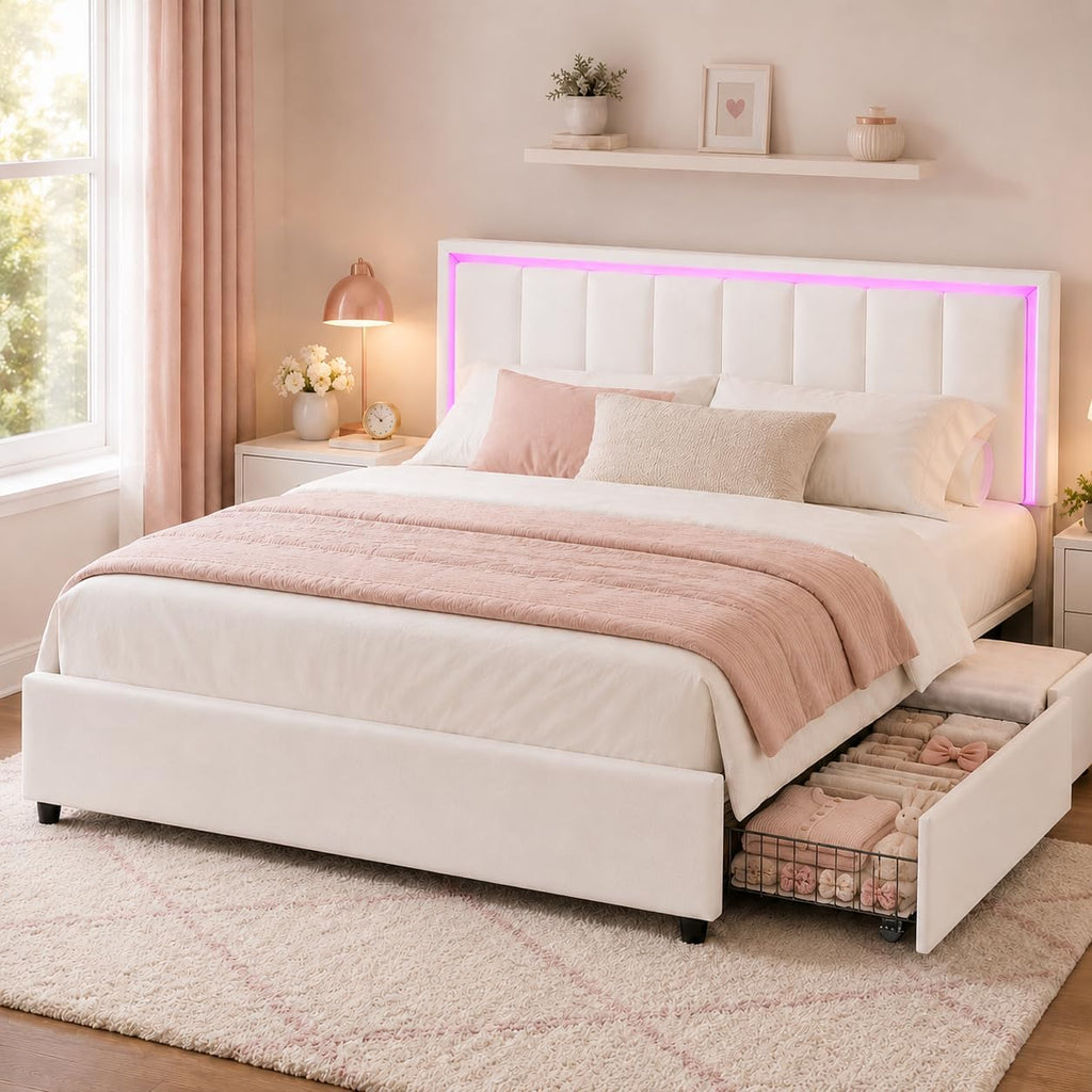 IMMERSTABLE Full Size Bed Frame with Headboard and 4 Storage Drawers, Faux Leather Upholstered Platform Bed with LED Lights, Metal and Wood Slats, No Box Spring Needed, Easy Assembly, White