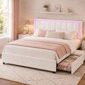 IMMERSTABLE Full Size Bed Frame with Headboard and 4 Storage Drawers, Faux Leather Upholstered Platform Bed with LED Lights, Metal and Wood Slats, No Box Spring Needed, Easy Assembly, White