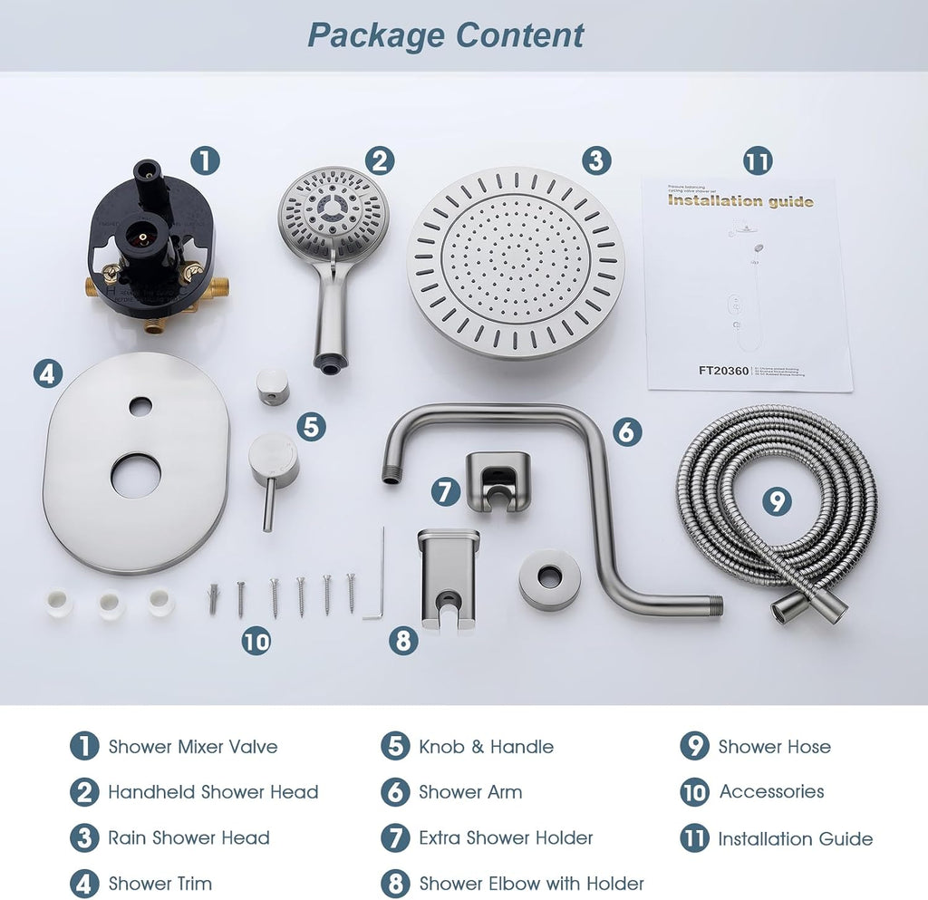 BRIGHT SHOWERS Shower Faucet Set, Shower Heads System with Rainfall Shower Head and Handheld Showerhead Combo, Shower Valve and Trim Kit, Wall Mounted Shower Holder and 79' Shower Hose, Brushed Nickel