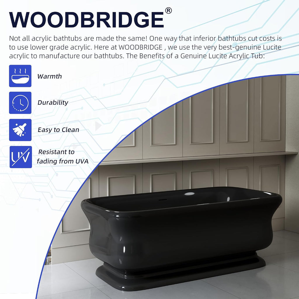 WOODBRIDGE 71 X 33.5 X 24.75' freestanding soaking bathtub with matte black drain included, Black WE006