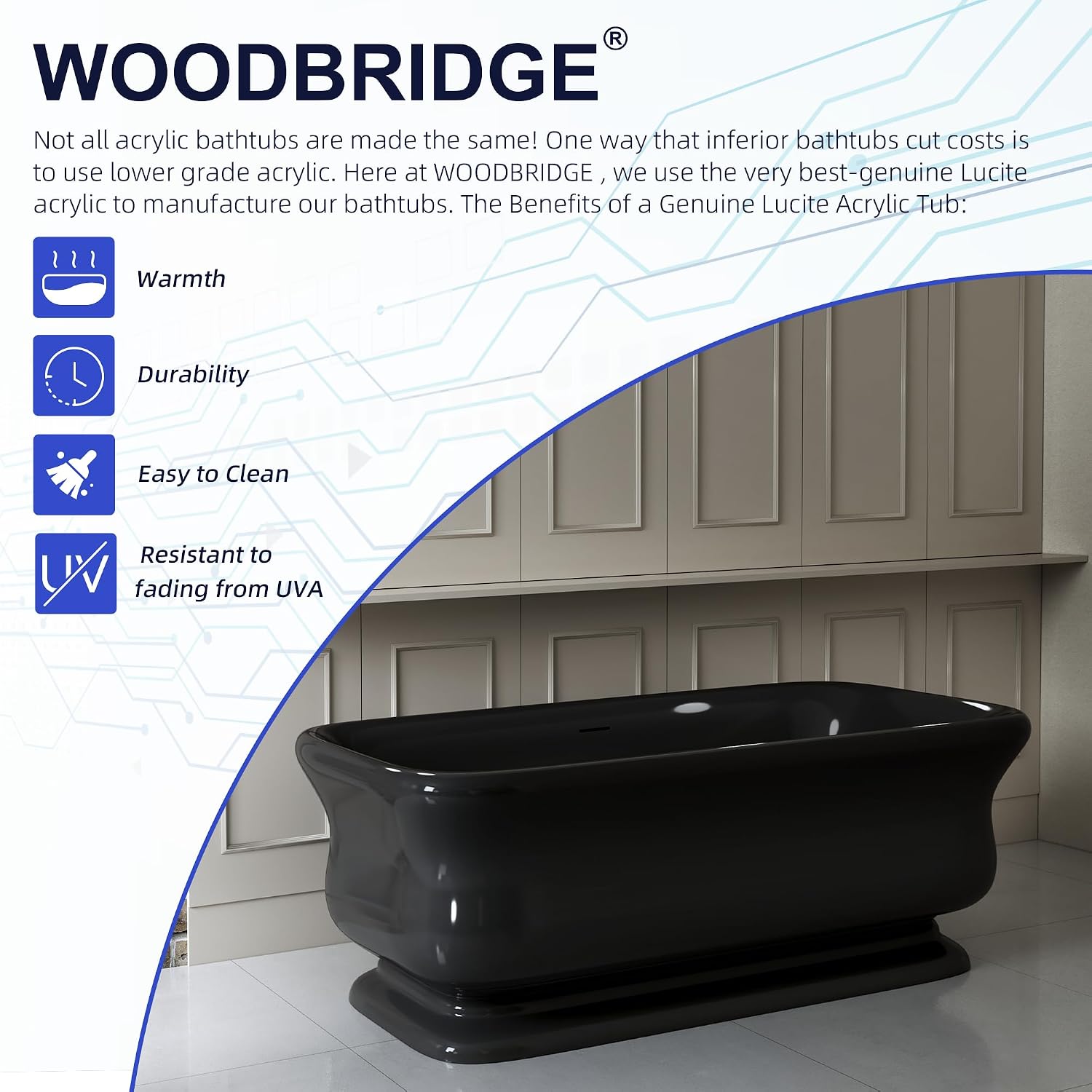 WOODBRIDGE 71 X 33.5 X 24.75' freestanding soaking bathtub with matte black drain included, Black WE006