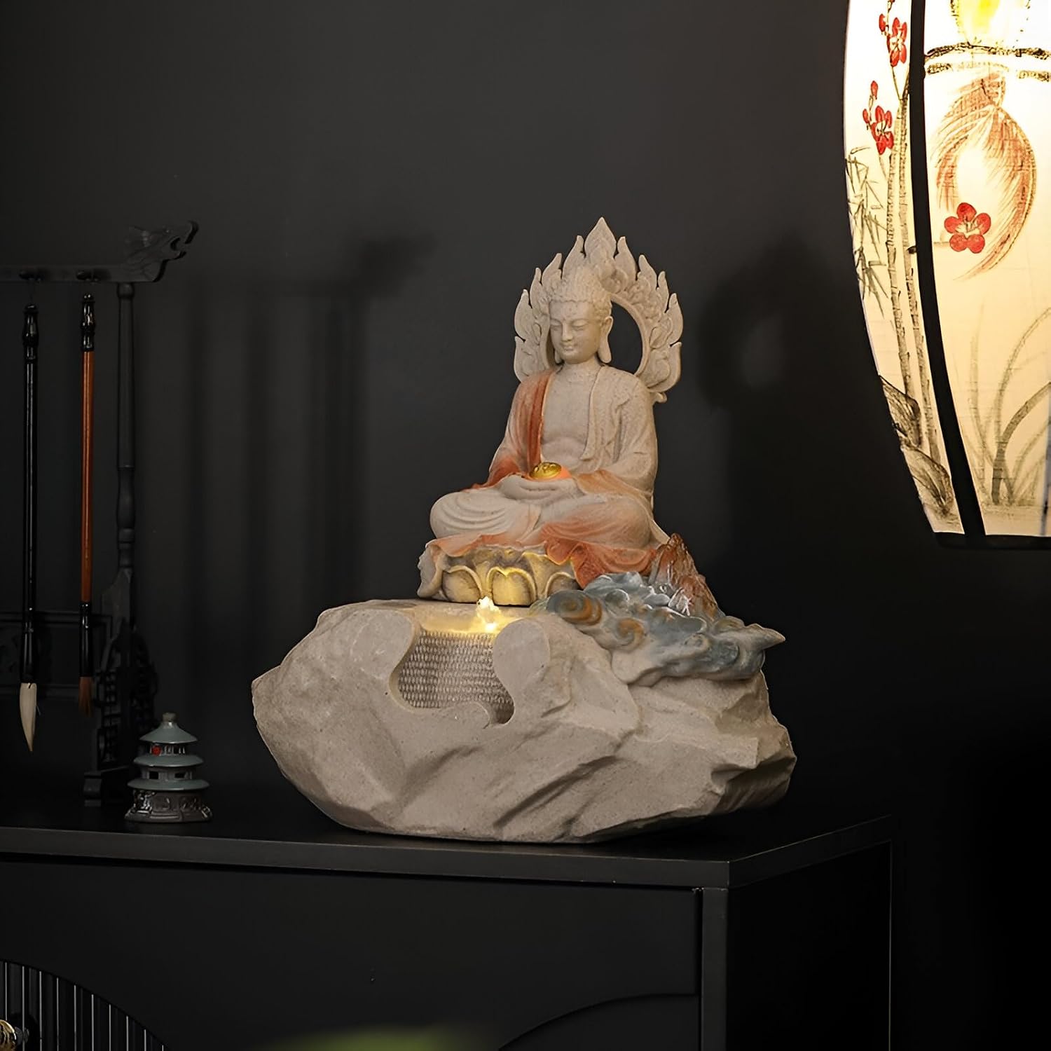 Zen Buddha Tabletop Fountain with LED Lights & Crystal Accents – Indoor Meditation Waterfall Feature with Cascading Water for Home, Office, Living Room or Bedroom – Free 10 Free Crystals (Style 1)